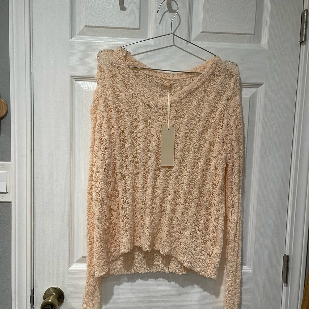 June Eleven Open Knit Sheer Elegant V-Neck Sweater in Cream - Picture 5 of 8